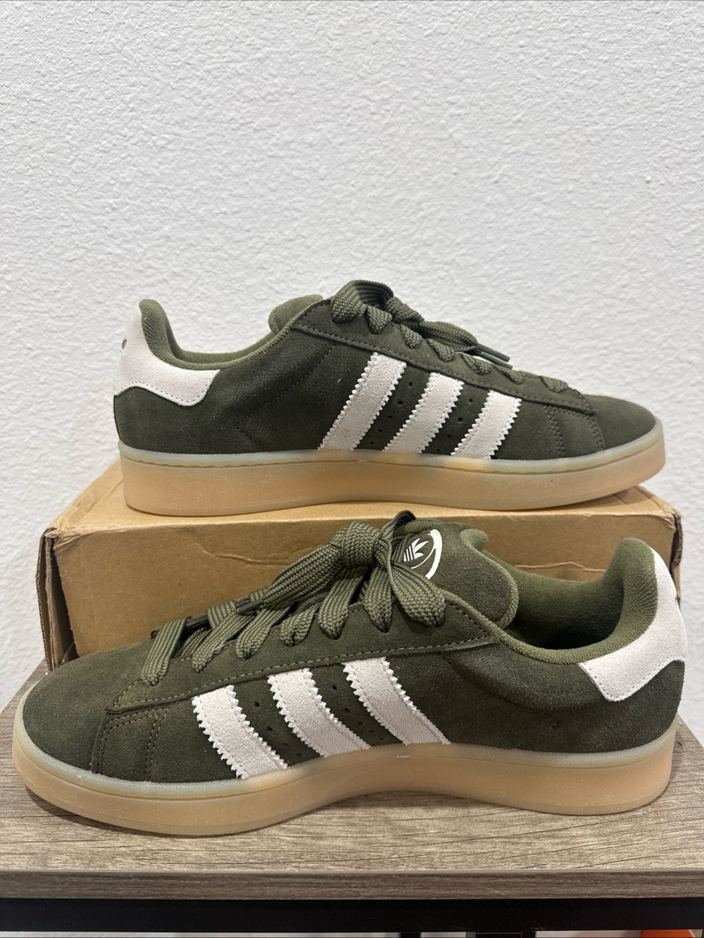 adidas Campus Olive Green Suede Sneakers with White Stripes - Picture 2 of 5